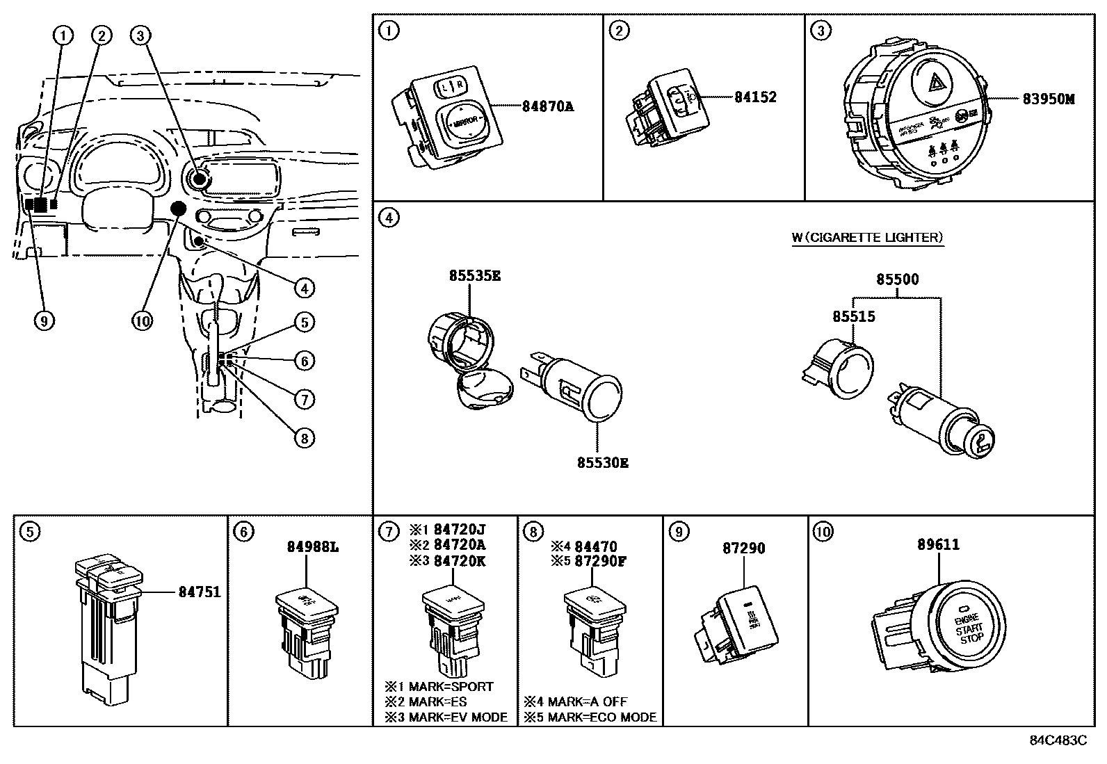 Toyota YARIS 开关和继电器和ECU EPC diagram — 84C483C