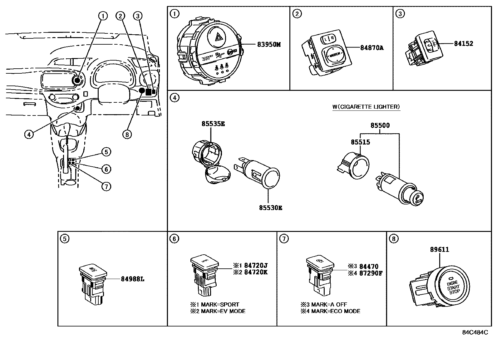 Toyota YARIS 开关和继电器和ECU EPC diagram — 84C484C