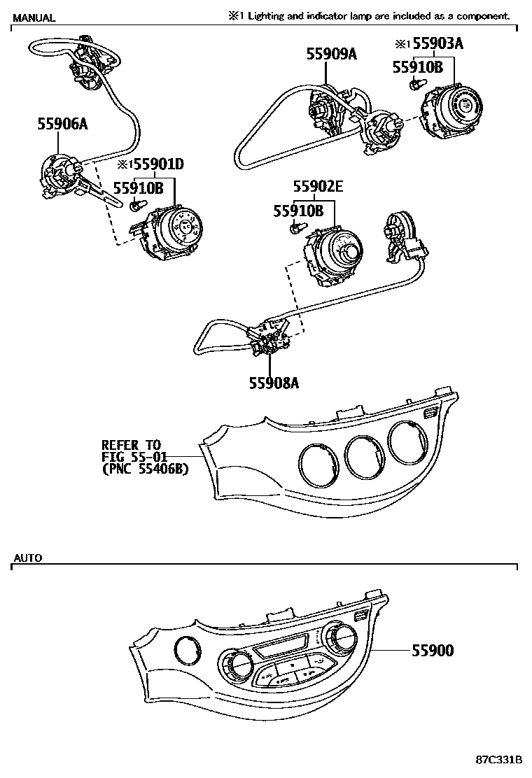 Toyota YARIS 暖风和空调系统 - 控制器和风管 EPC diagram — 87C331B