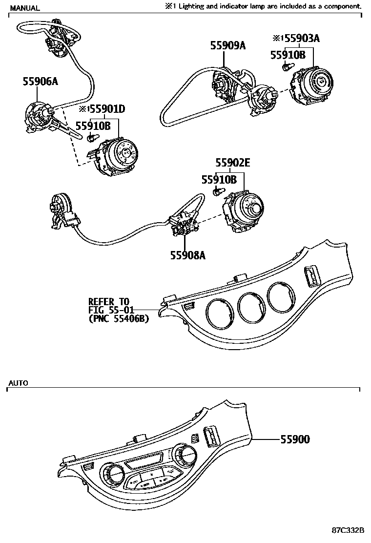 Toyota YARIS 暖风和空调系统 - 控制器和风管 EPC diagram — 87C332B