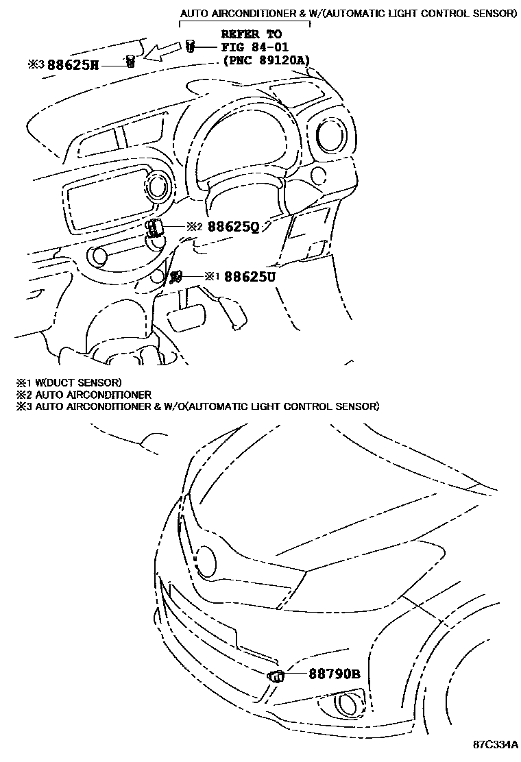 Toyota YARIS 暖风和空调系统 - 控制器和风管 EPC diagram — 87C334A