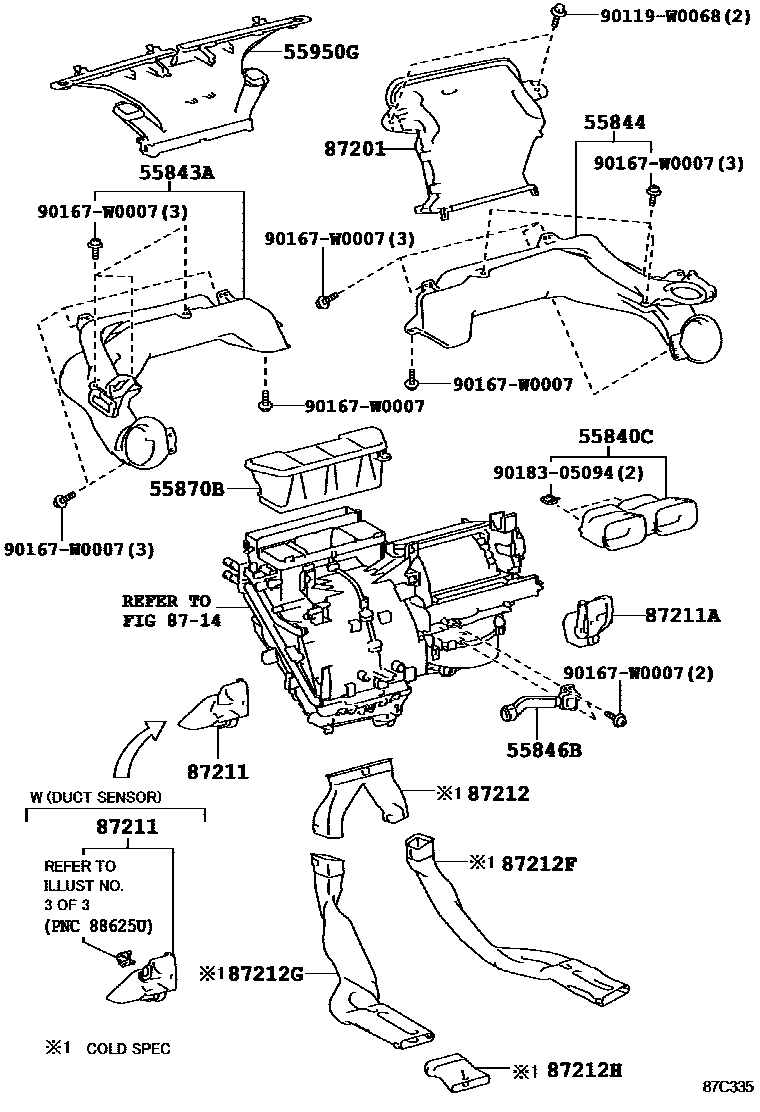 Toyota YARIS 暖风和空调系统 - 控制器和风管 EPC diagram — 87C335