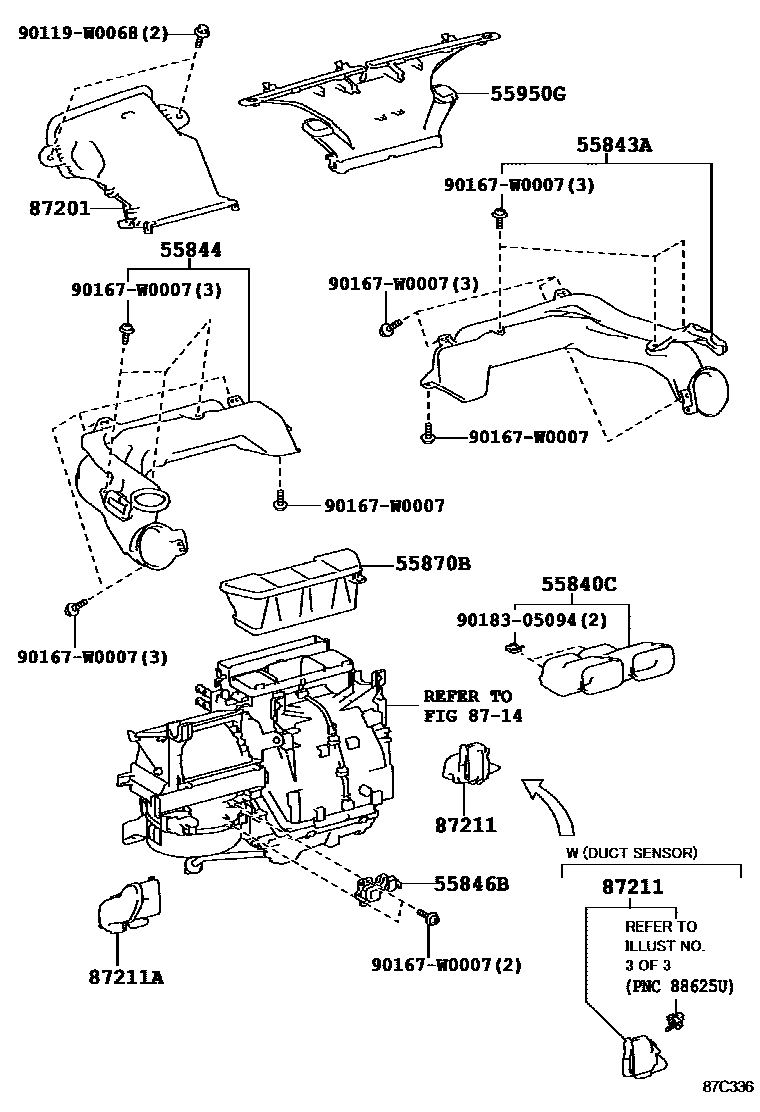 Toyota YARIS 暖风和空调系统 - 控制器和风管 EPC diagram — 87C336