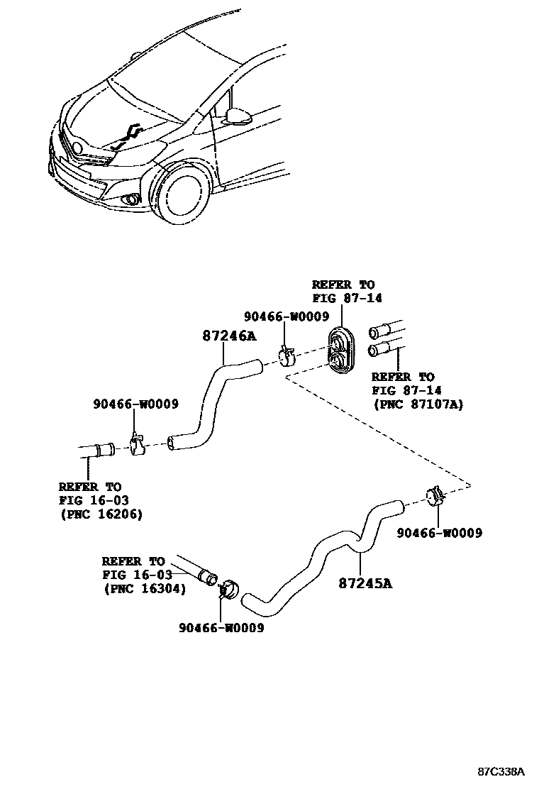 Toyota YARIS 暖风和空调系统 - 水管 EPC diagram — 87C338A