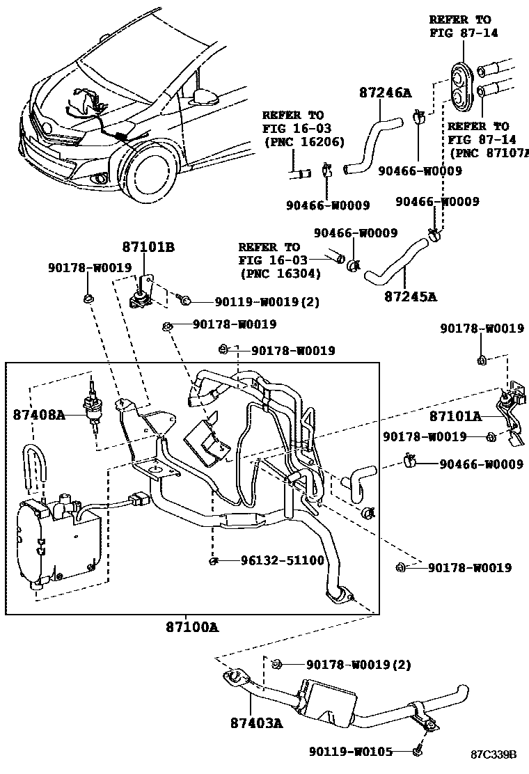Toyota YARIS 暖风和空调系统 - 水管 EPC diagram — 87C339B