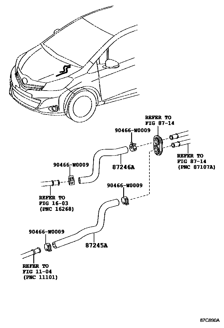 Toyota YARIS 暖风和空调系统 - 水管 EPC diagram — 87C890A