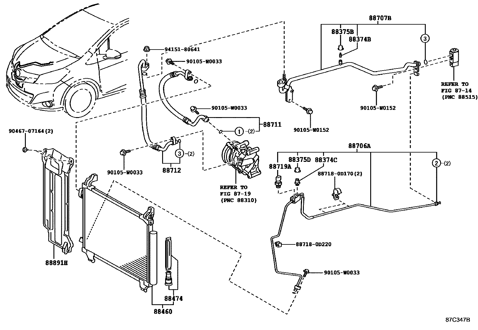 Toyota YARIS Heating & Air Conditioning - Cooler Piping EPC diagram — 87C347B