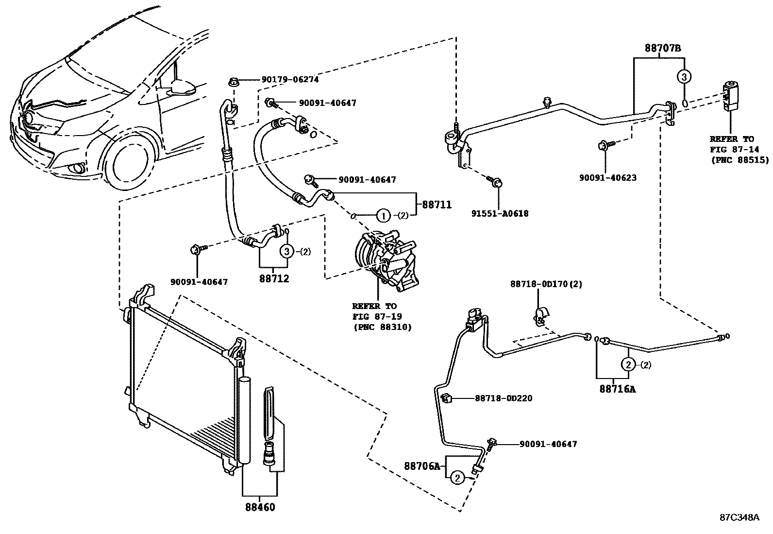 Toyota YARIS Heating & Air Conditioning - Cooler Piping EPC diagram — 87C348A