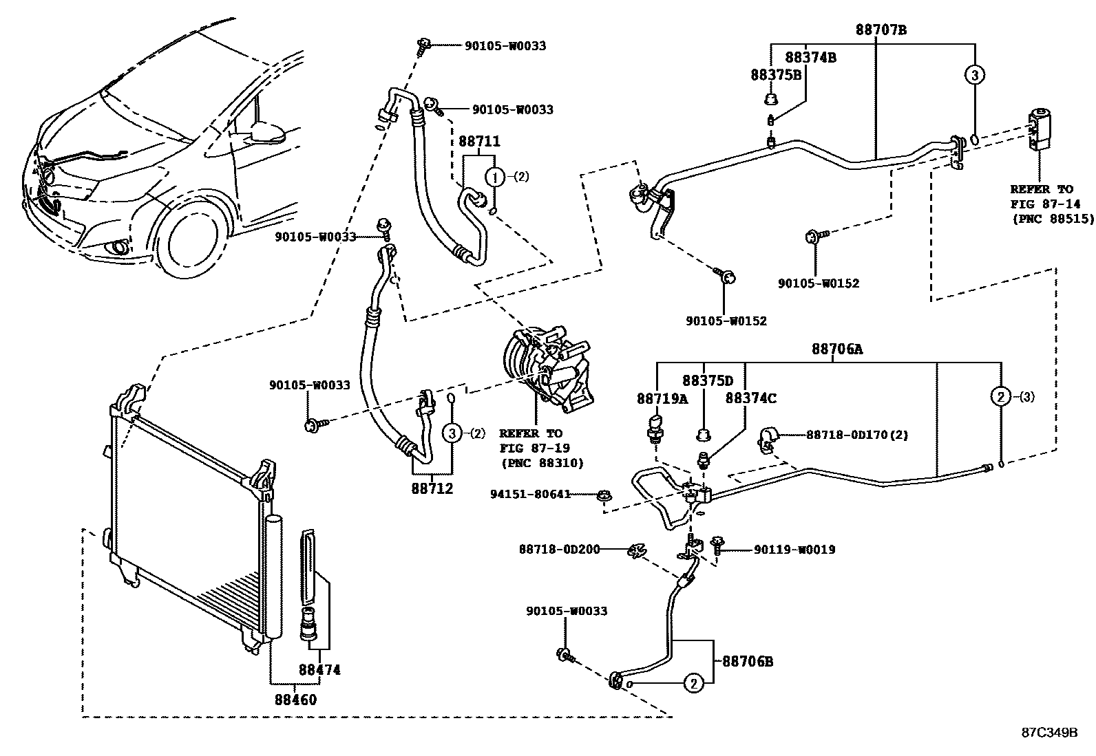 Toyota YARIS Heating & Air Conditioning - Cooler Piping EPC diagram — 87C349B