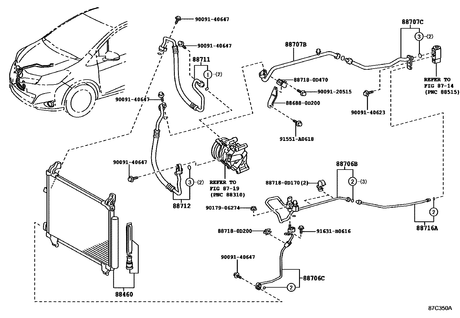 Toyota YARIS Heating & Air Conditioning - Cooler Piping EPC diagram — 87C350A