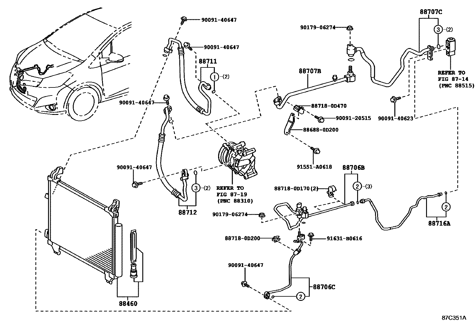 Toyota YARIS Heating & Air Conditioning - Cooler Piping EPC diagram — 87C351A