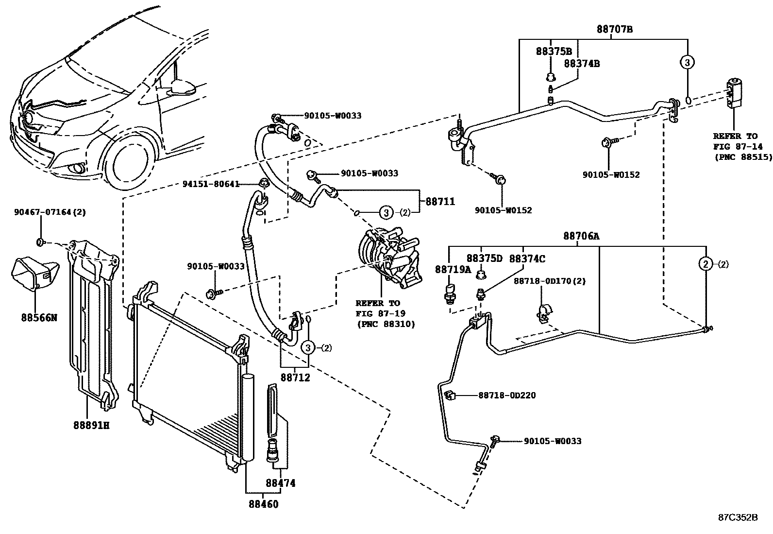 Toyota YARIS Heating & Air Conditioning - Cooler Piping EPC diagram — 87C352B