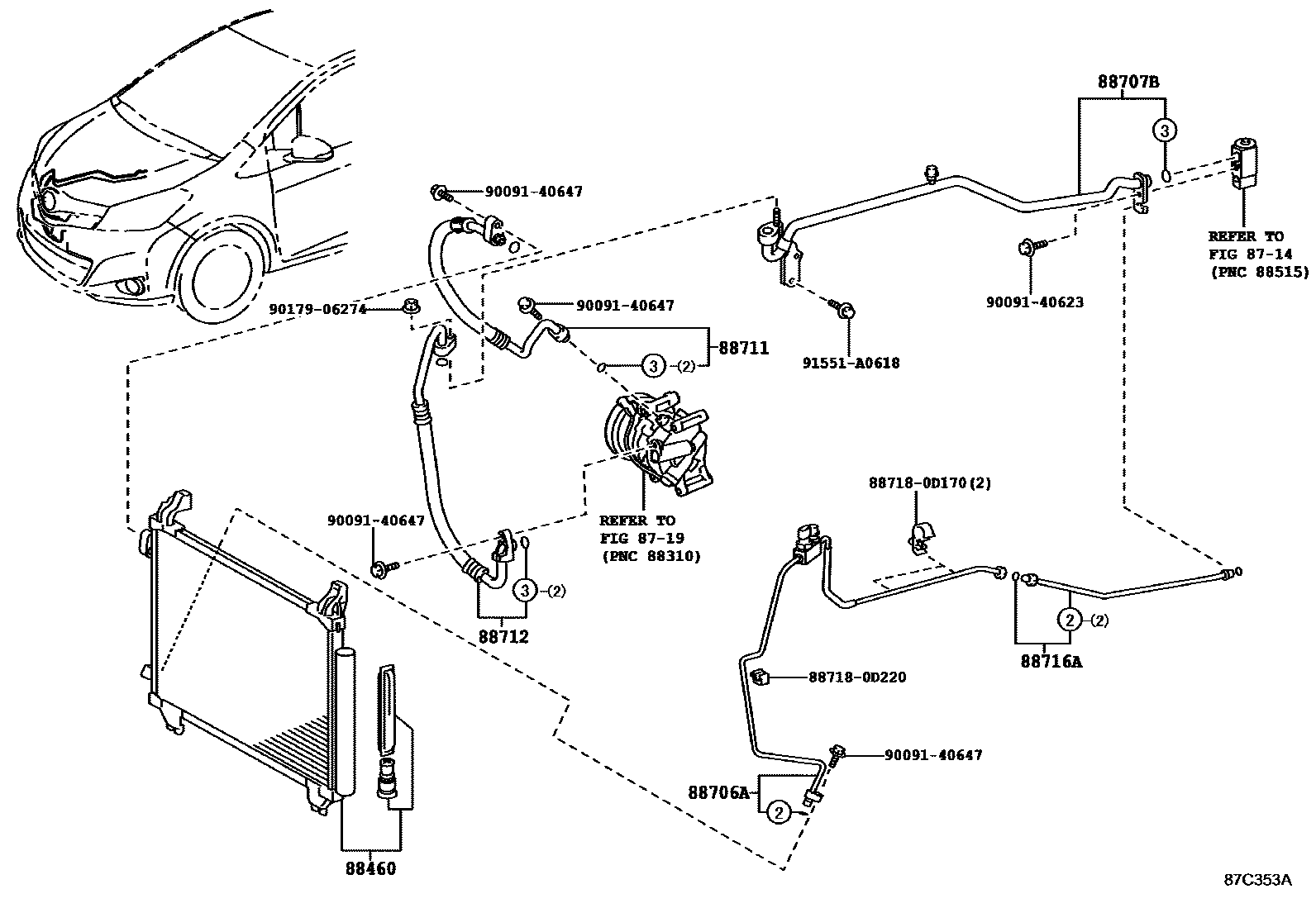 Toyota YARIS Heating & Air Conditioning - Cooler Piping EPC diagram — 87C353A