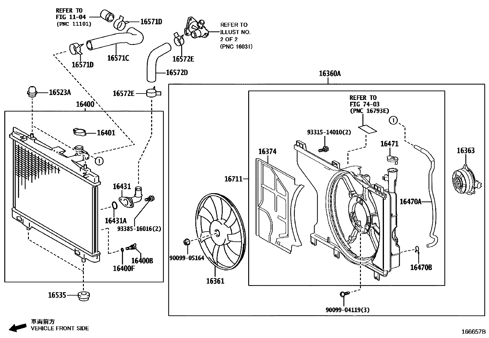 Toyota YARIS RADIATOR & WATER OUTLET EPC diagram — 166657B