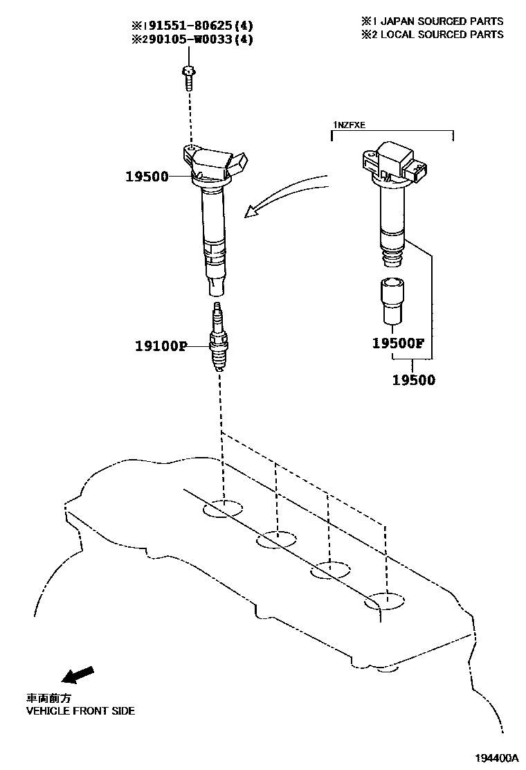 Toyota YARIS 点火线圈和火花塞 EPC diagram — 194400A