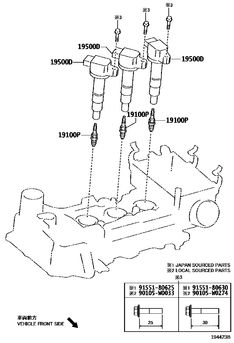 Toyota YARIS 点火线圈和火花塞 EPC diagram — 194423B