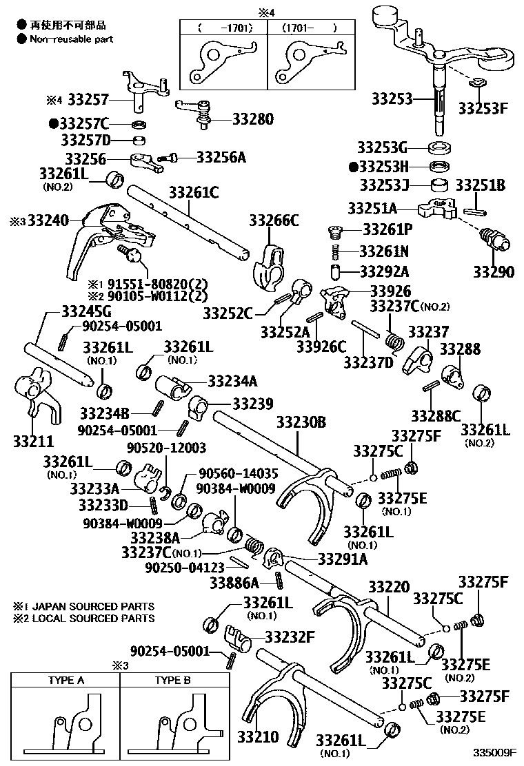 Toyota YARIS 换档拨叉和换档杆轴(MTM) EPC diagram — 335009F