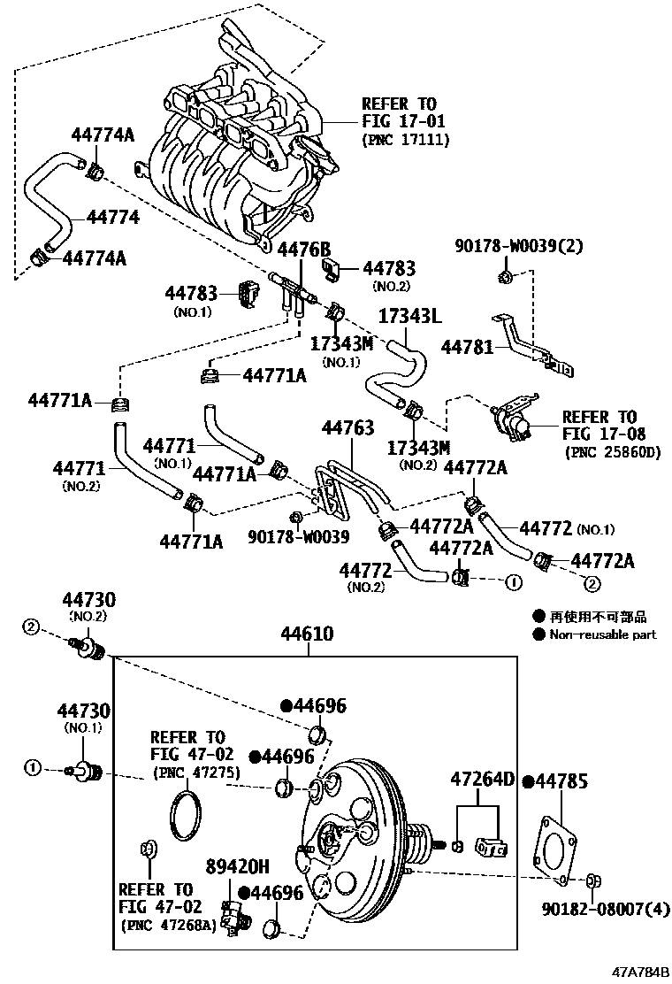 Toyota YARIS 制动助力器和真空管 EPC diagram — 47A784B
