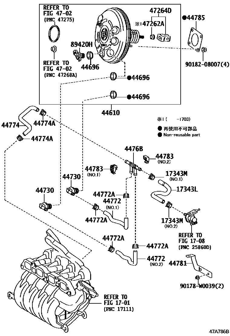 Toyota YARIS 制动助力器和真空管 EPC diagram — 47A786B