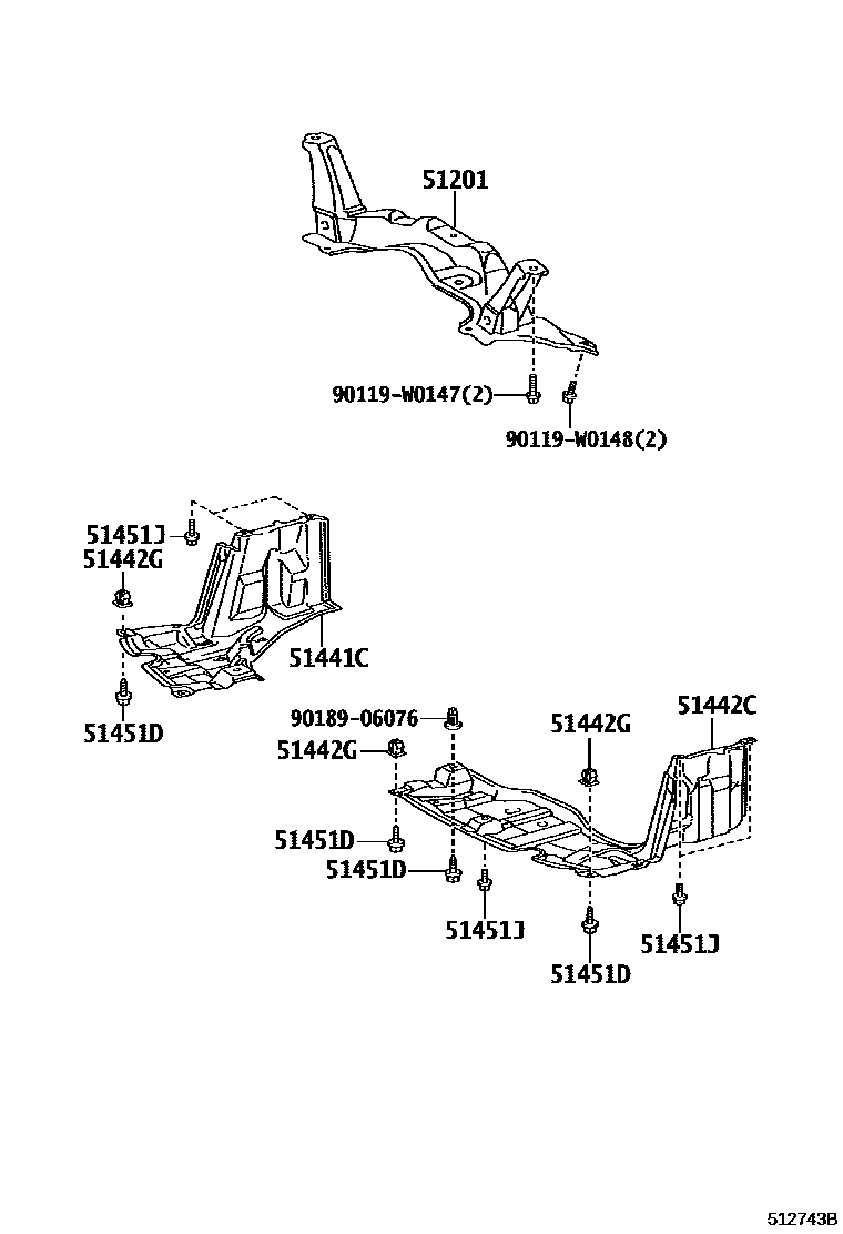 Toyota YARIS 悬架横梁和发动机底罩 EPC diagram — 512743B