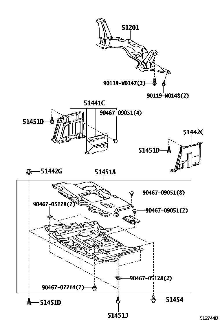 Toyota YARIS 悬架横梁和发动机底罩 EPC diagram — 512744B