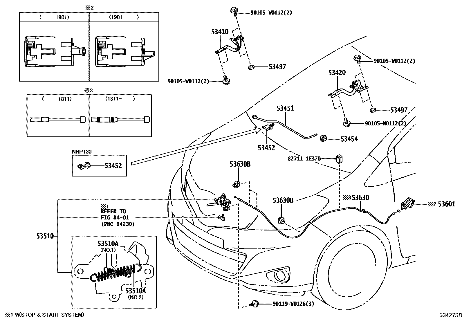 Toyota YARIS 发动机盖锁和铰链 EPC diagram — 534275D