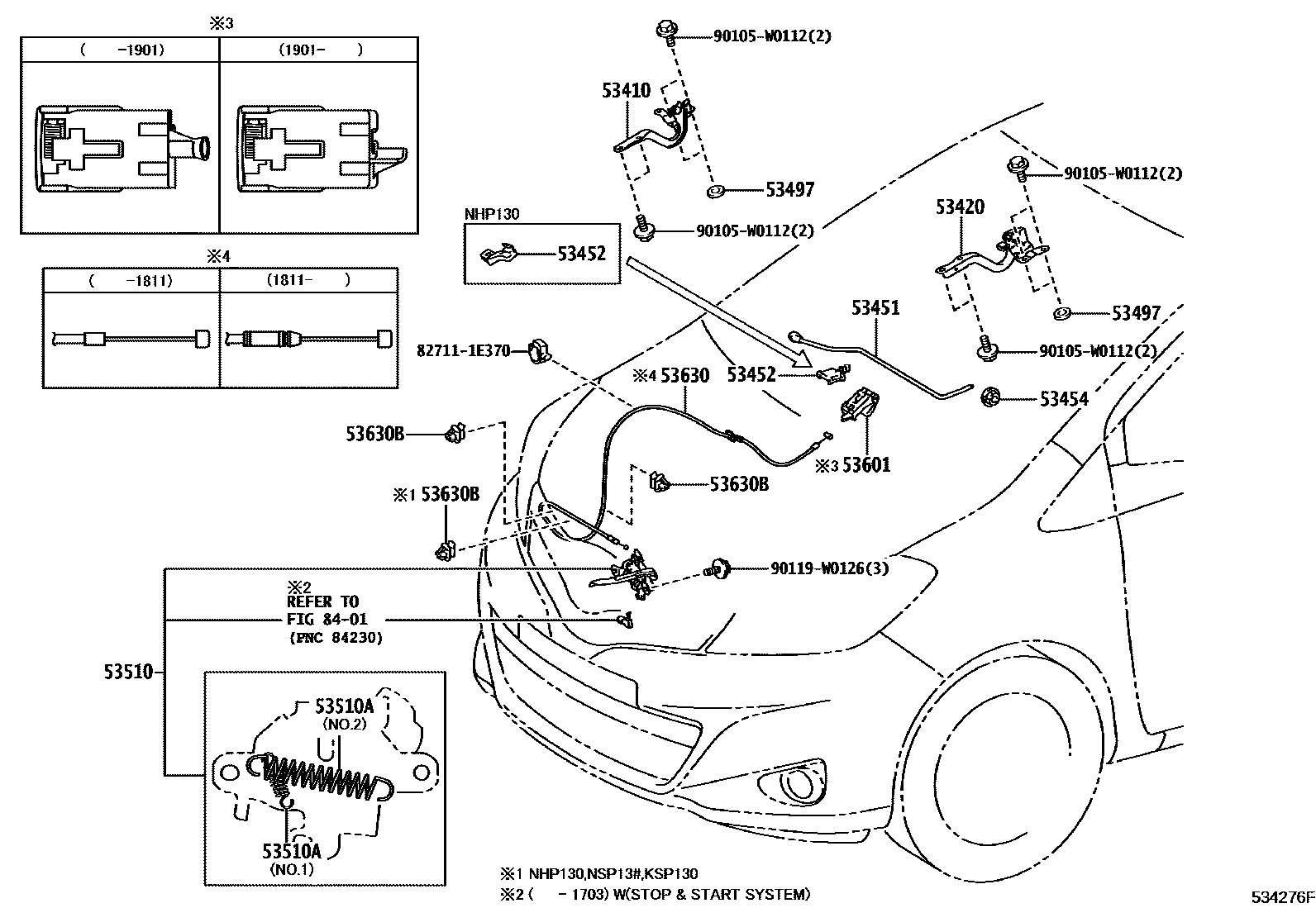 Toyota YARIS 发动机盖锁和铰链 EPC diagram — 534276F