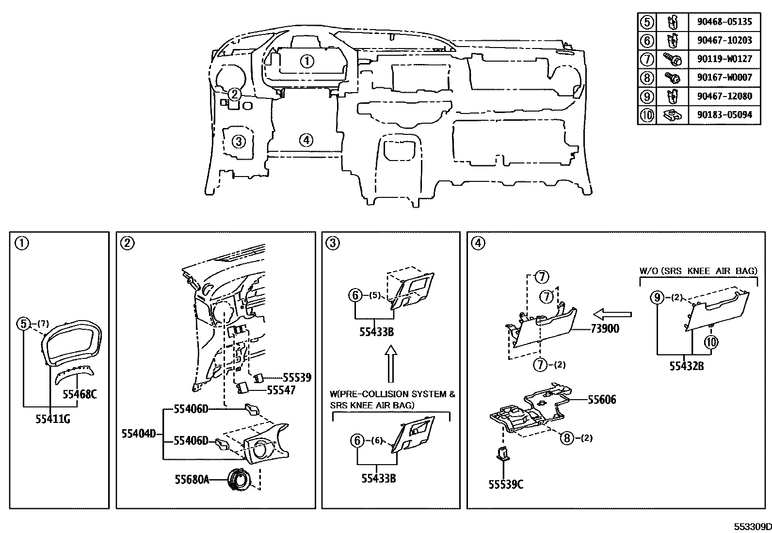 Toyota YARIS 仪表板和手套箱 EPC diagram — 553309D