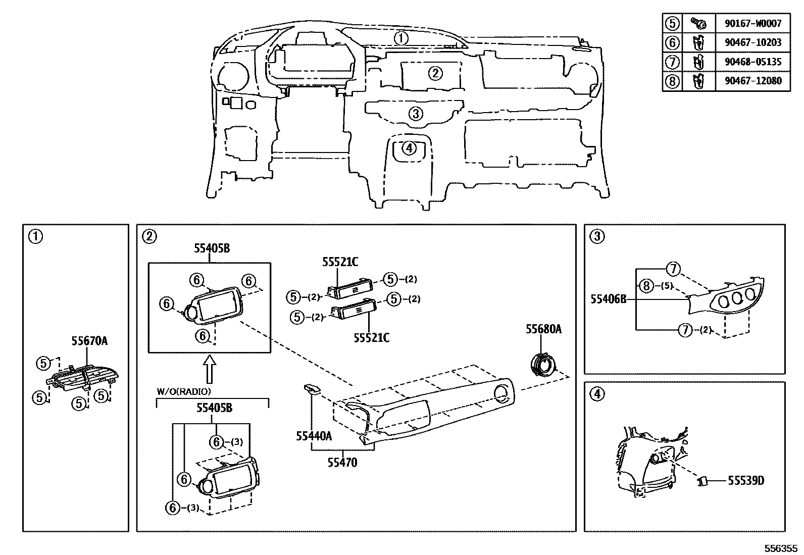Toyota YARIS 仪表板和手套箱 EPC diagram — 556355