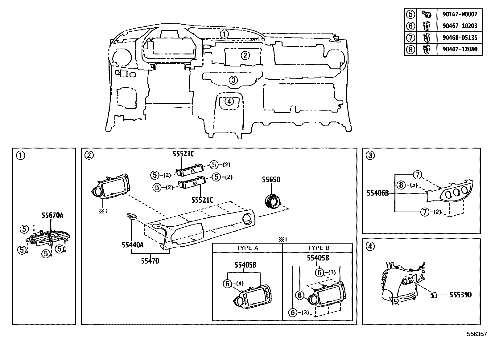 Toyota YARIS 仪表板和手套箱 EPC diagram — 556357