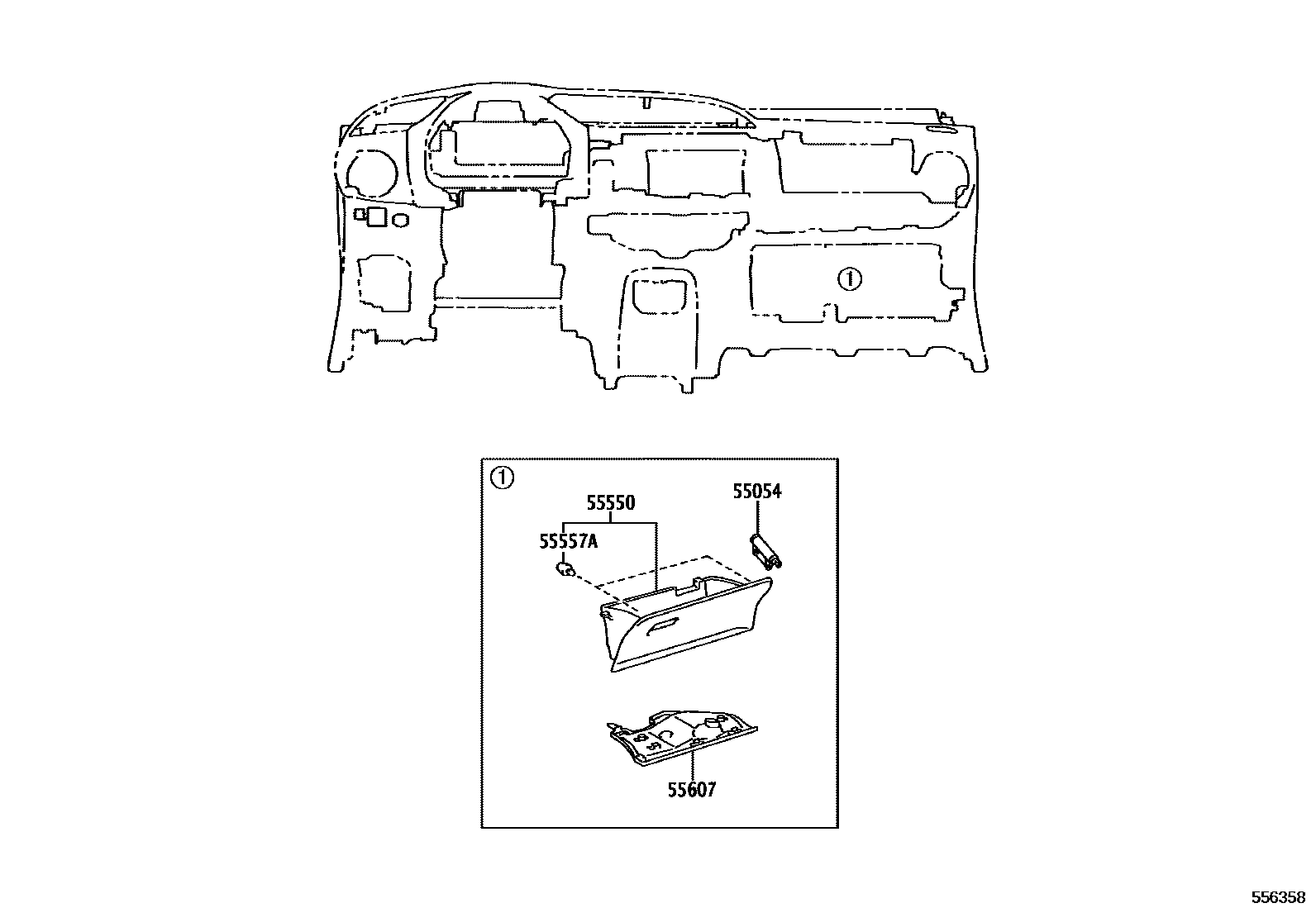 Toyota YARIS 仪表板和手套箱 EPC diagram — 556358