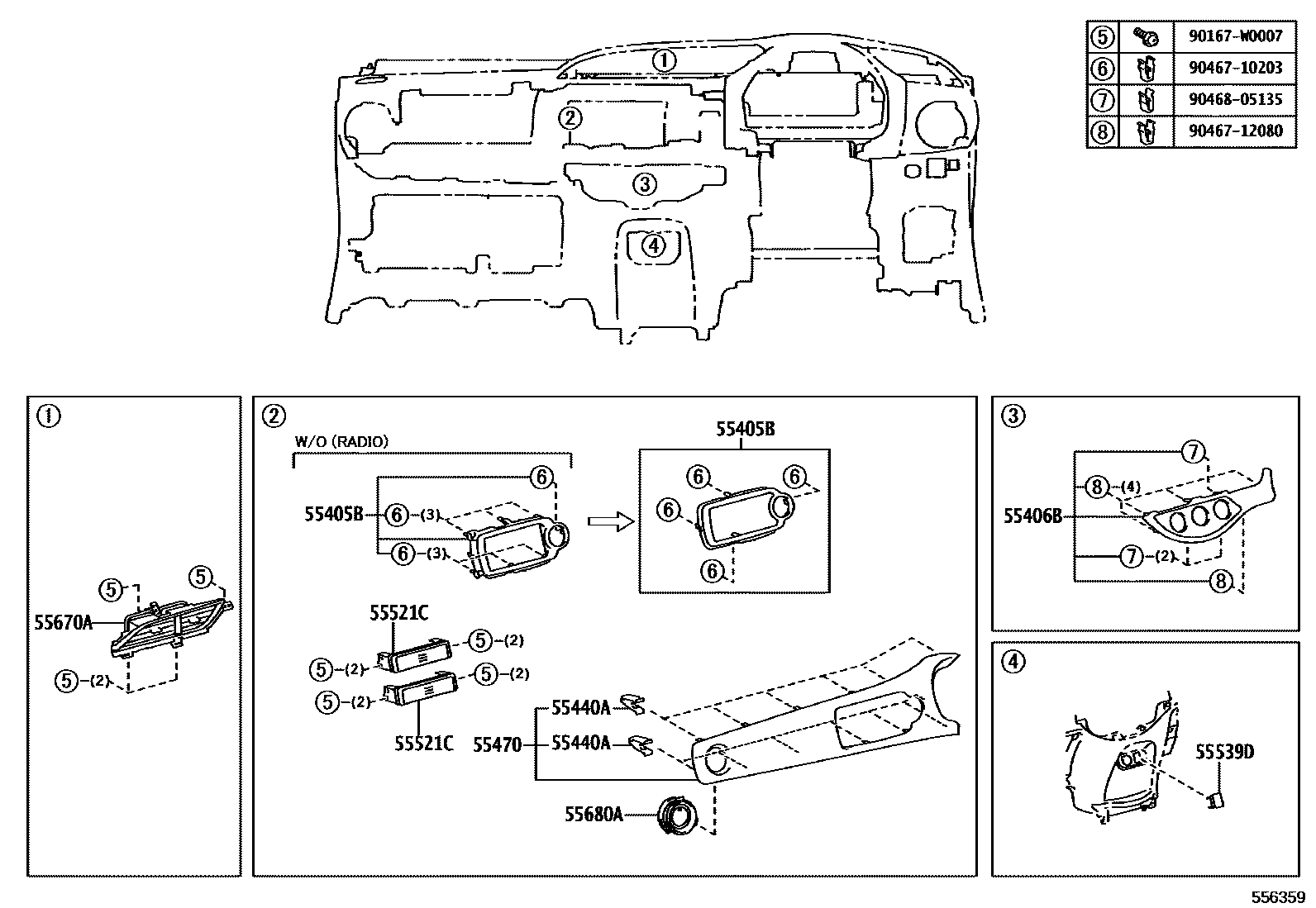 Toyota YARIS 仪表板和手套箱 EPC diagram — 556359