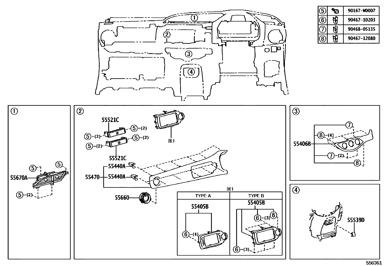 Toyota YARIS 仪表板和手套箱 EPC diagram — 556361