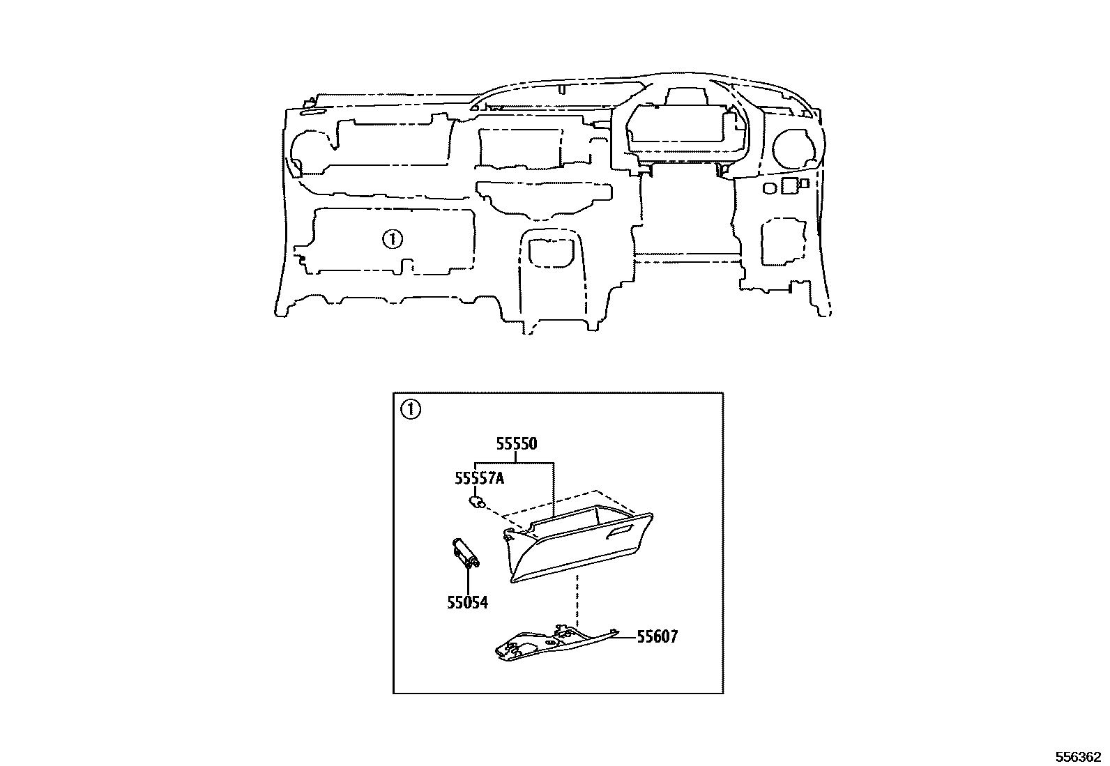 Toyota YARIS 仪表板和手套箱 EPC diagram — 556362