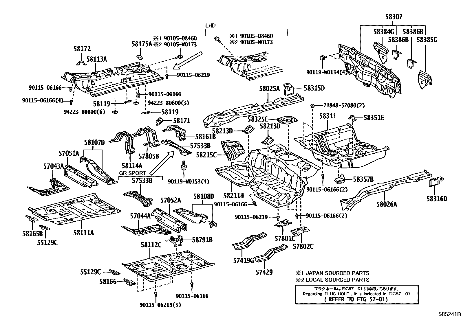 Toyota YARIS 浅盘形地板和车身下背板 EPC diagram — 585241A