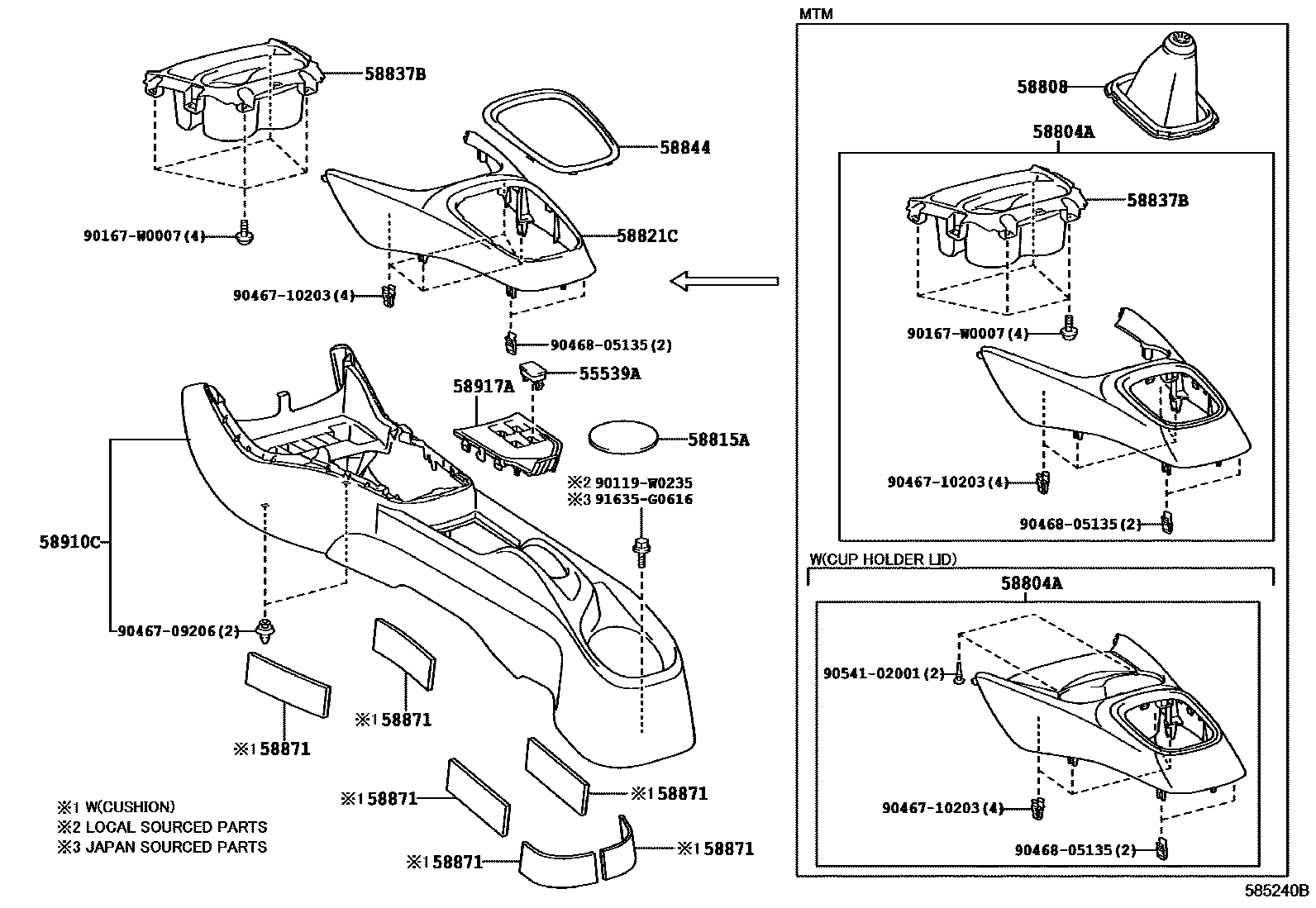 Toyota YARIS 中央扶手箱和支架 EPC diagram — 585240B