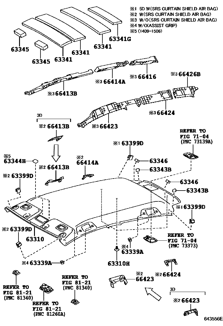 Toyota YARIS 车顶内衬和消声垫 EPC diagram — 643556E