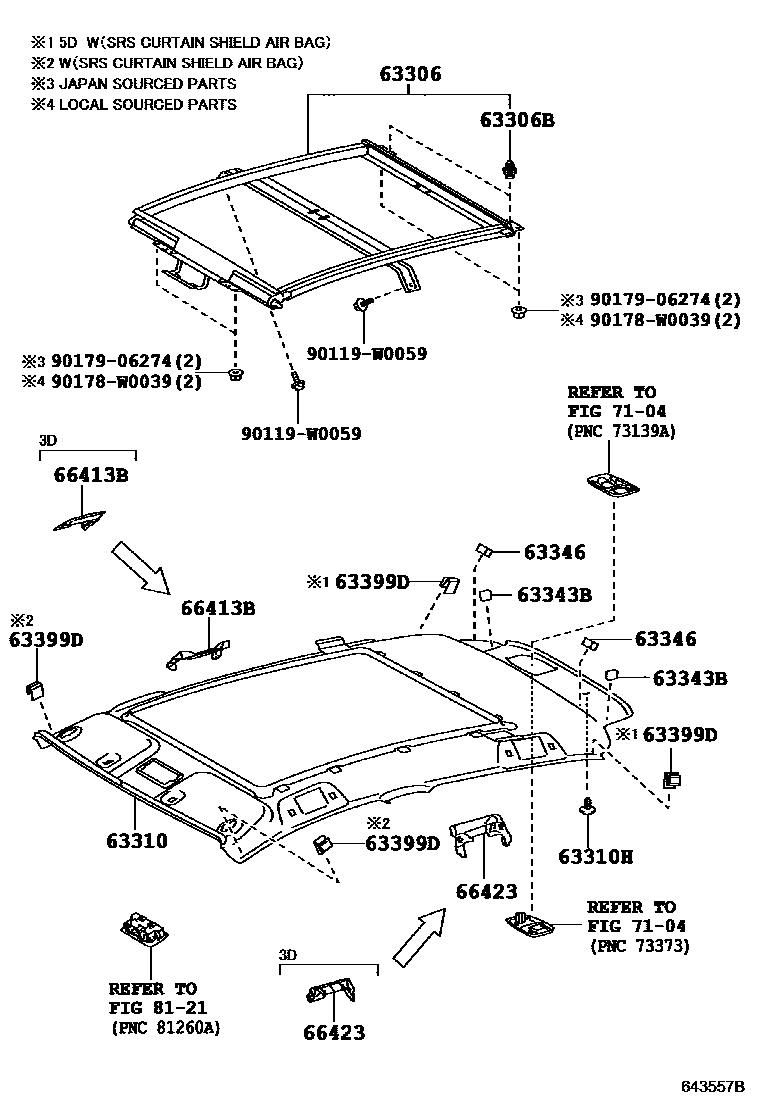 Toyota YARIS 车顶内衬和消声垫 EPC diagram — 643557B