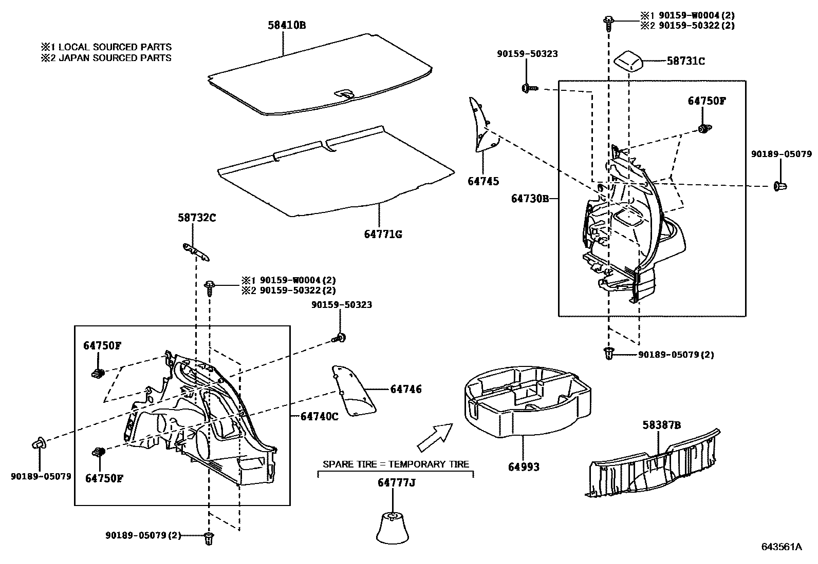 Toyota YARIS 底板和底板装饰罩 EPC diagram — 643561A