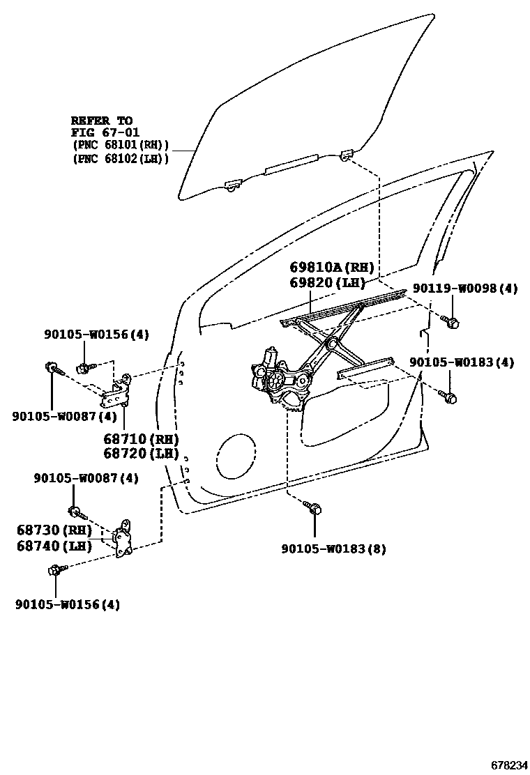 Toyota YARIS 前门车窗升降器和合页 EPC diagram — 678234