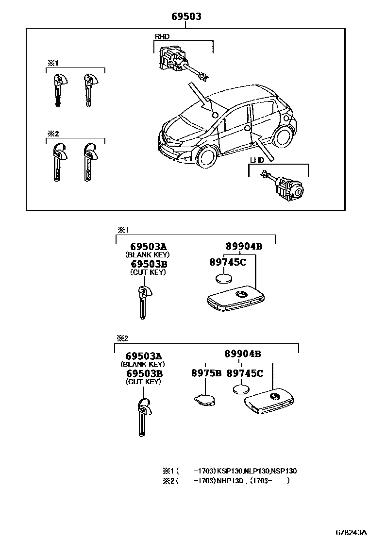 Toyota YARIS 锁芯组件 EPC diagram — 678243A