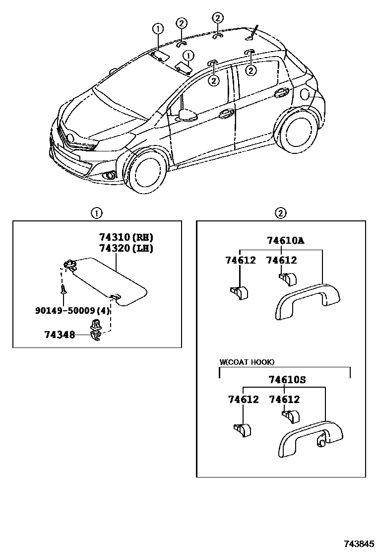 Toyota YARIS 扶手和遮阳板 EPC diagram — 743845