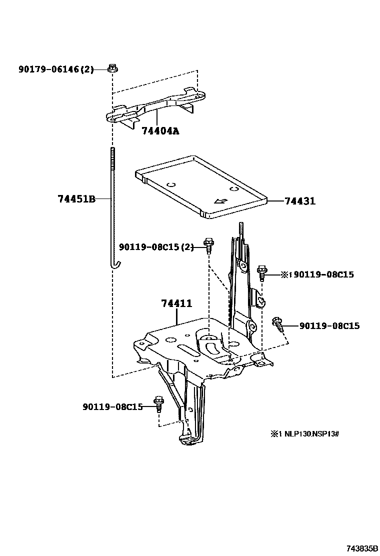 Toyota YARIS battery holder EPC diagram — 743835B