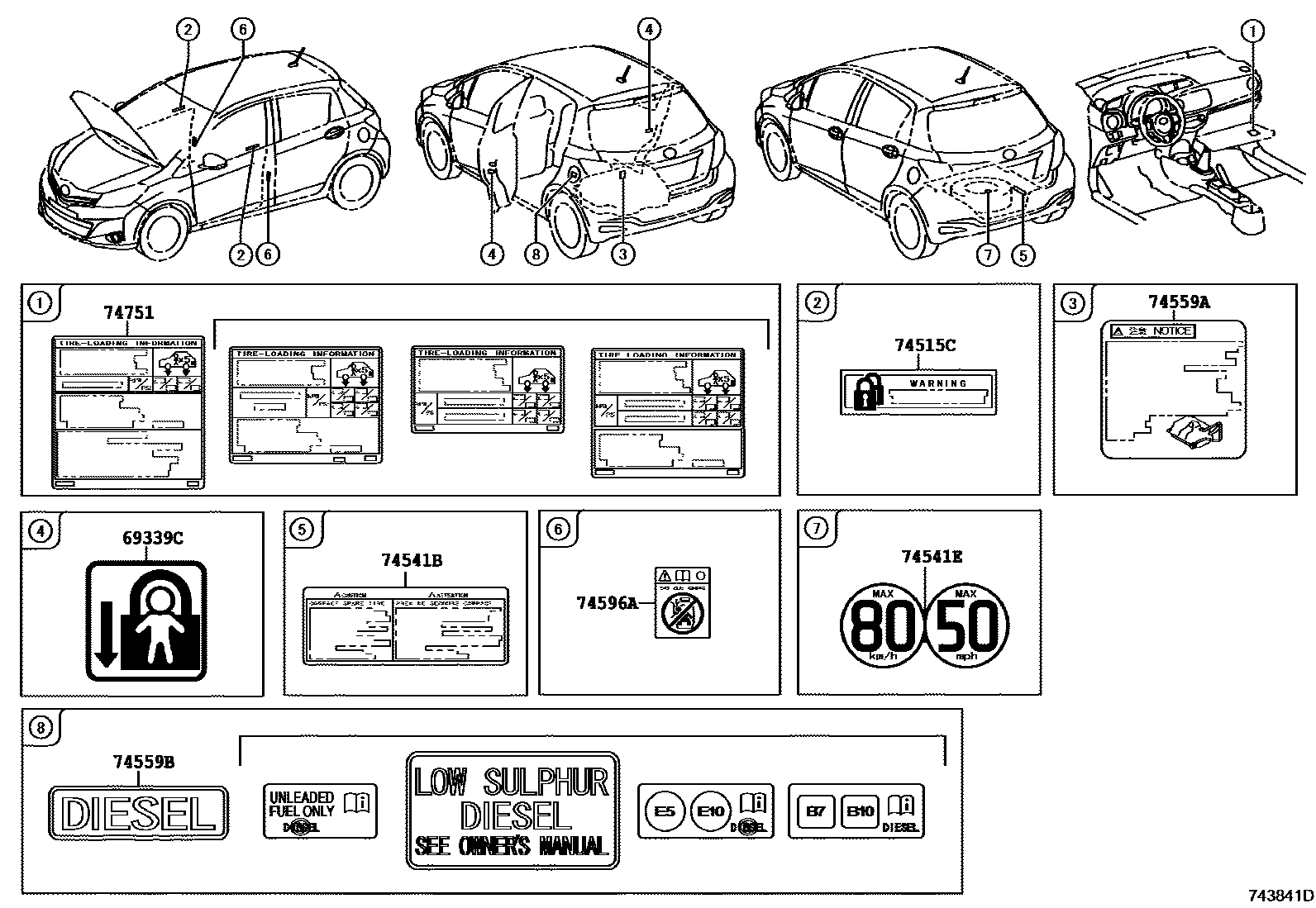 Toyota YARIS 警示铭牌(车外和车内) EPC diagram — 743841D