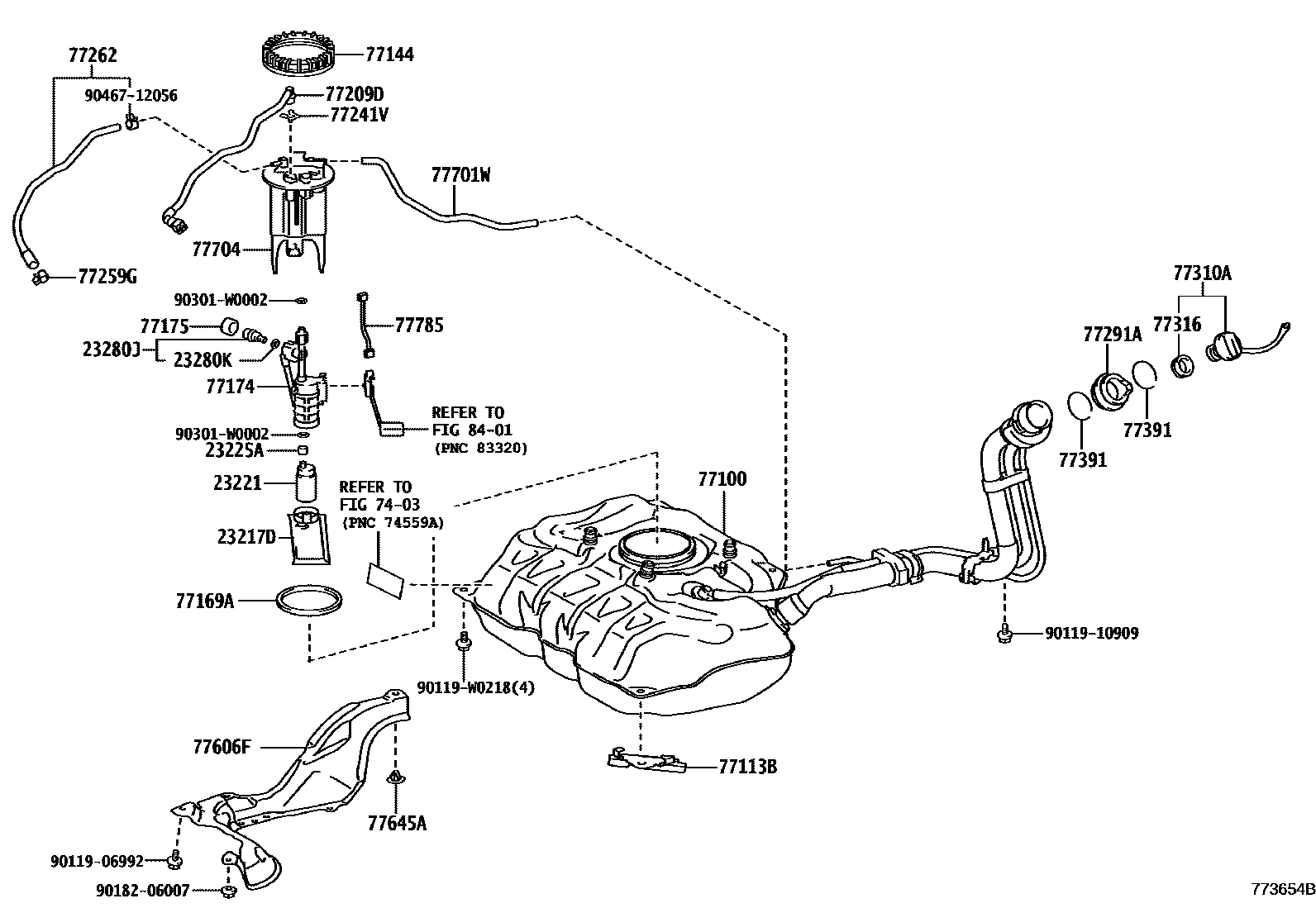 Toyota YARIS 燃油箱和燃油管 EPC diagram — 773654B
