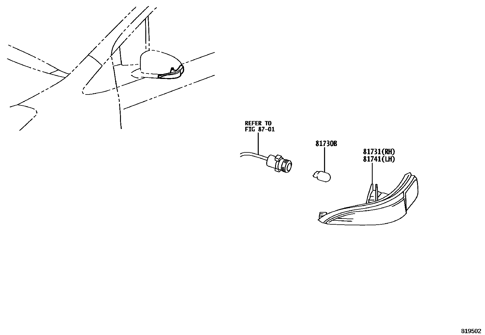 Toyota YARIS Side Turn Signal & Outer Mirror Lamp EPC diagram — 819502