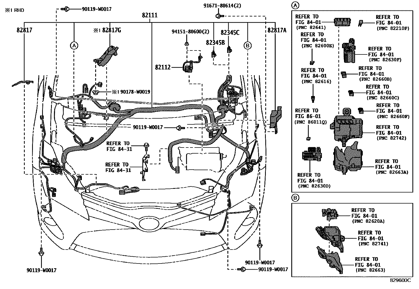 Toyota YARIS 线束和卡夹 EPC diagram — 829600C