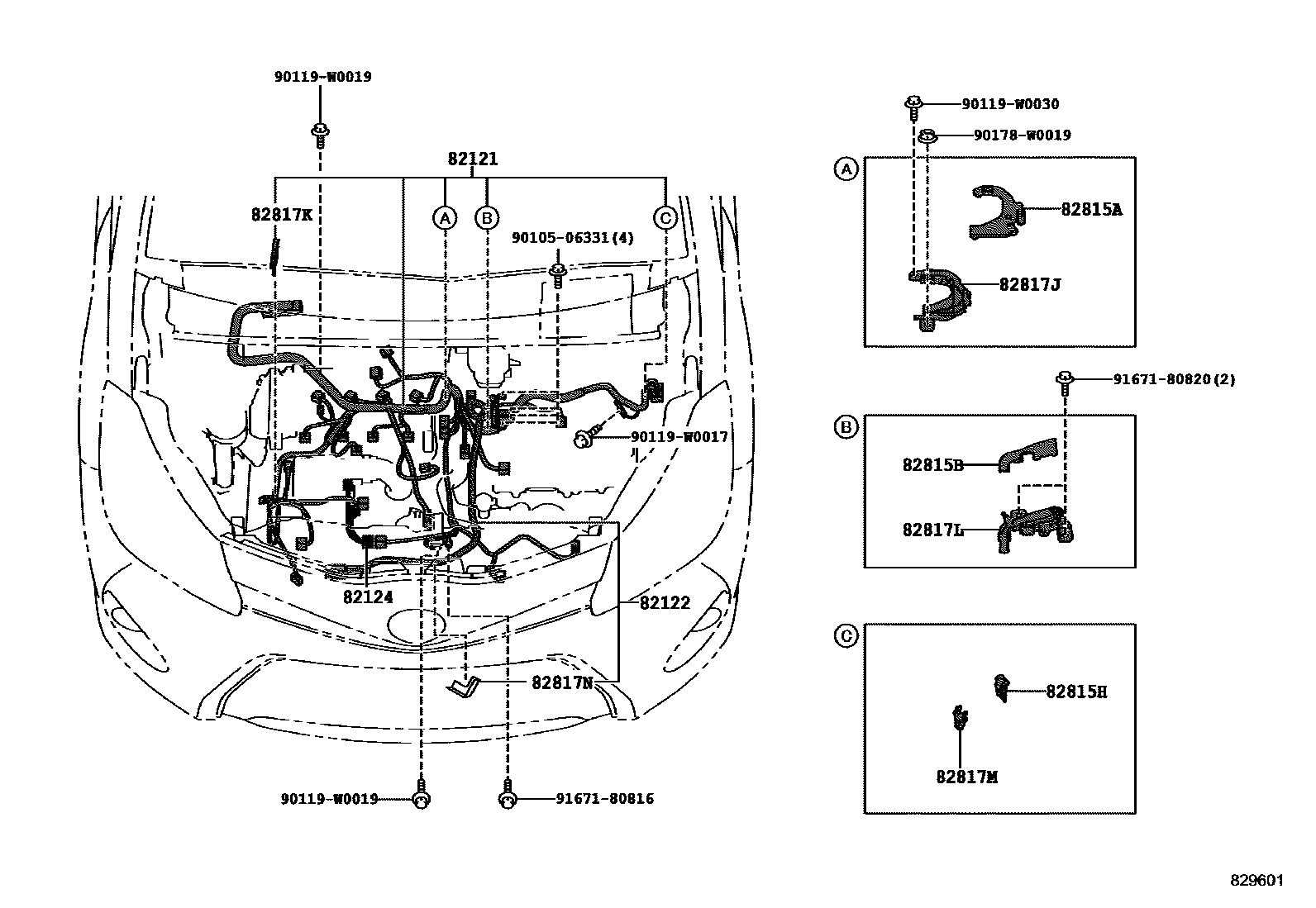 Toyota YARIS 线束和卡夹 EPC diagram — 829601