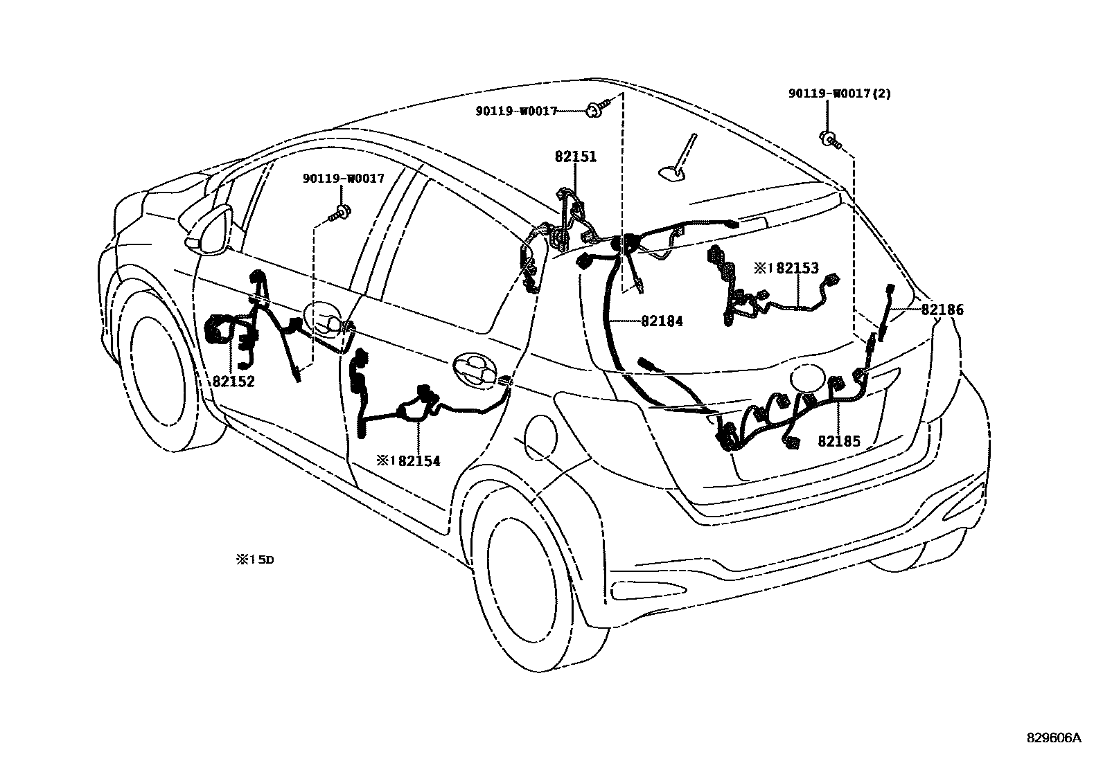 Toyota YARIS 线束和卡夹 EPC diagram — 829606A