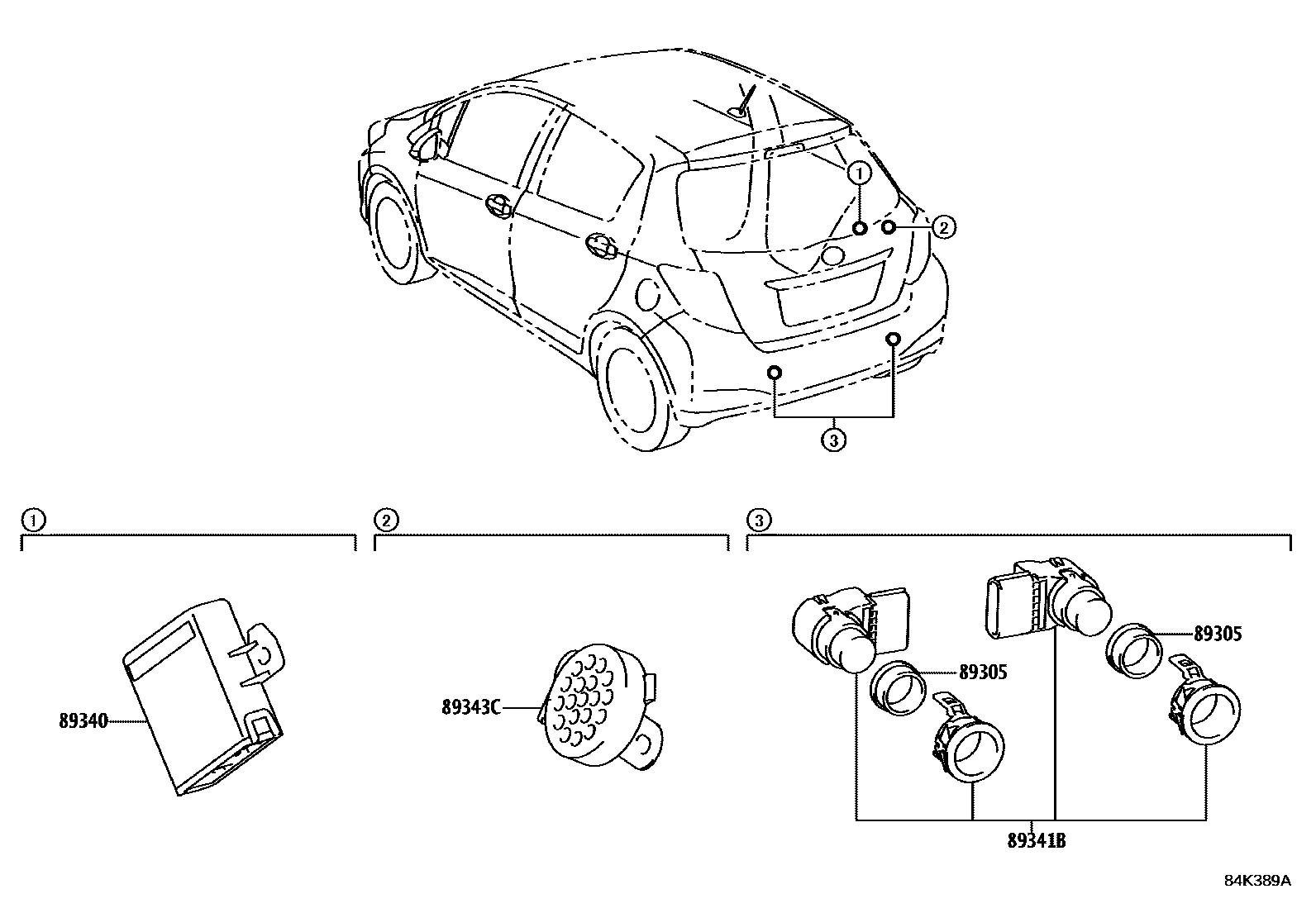 Toyota YARIS 测距雷达和倒车雷达 EPC diagram — 84K389A